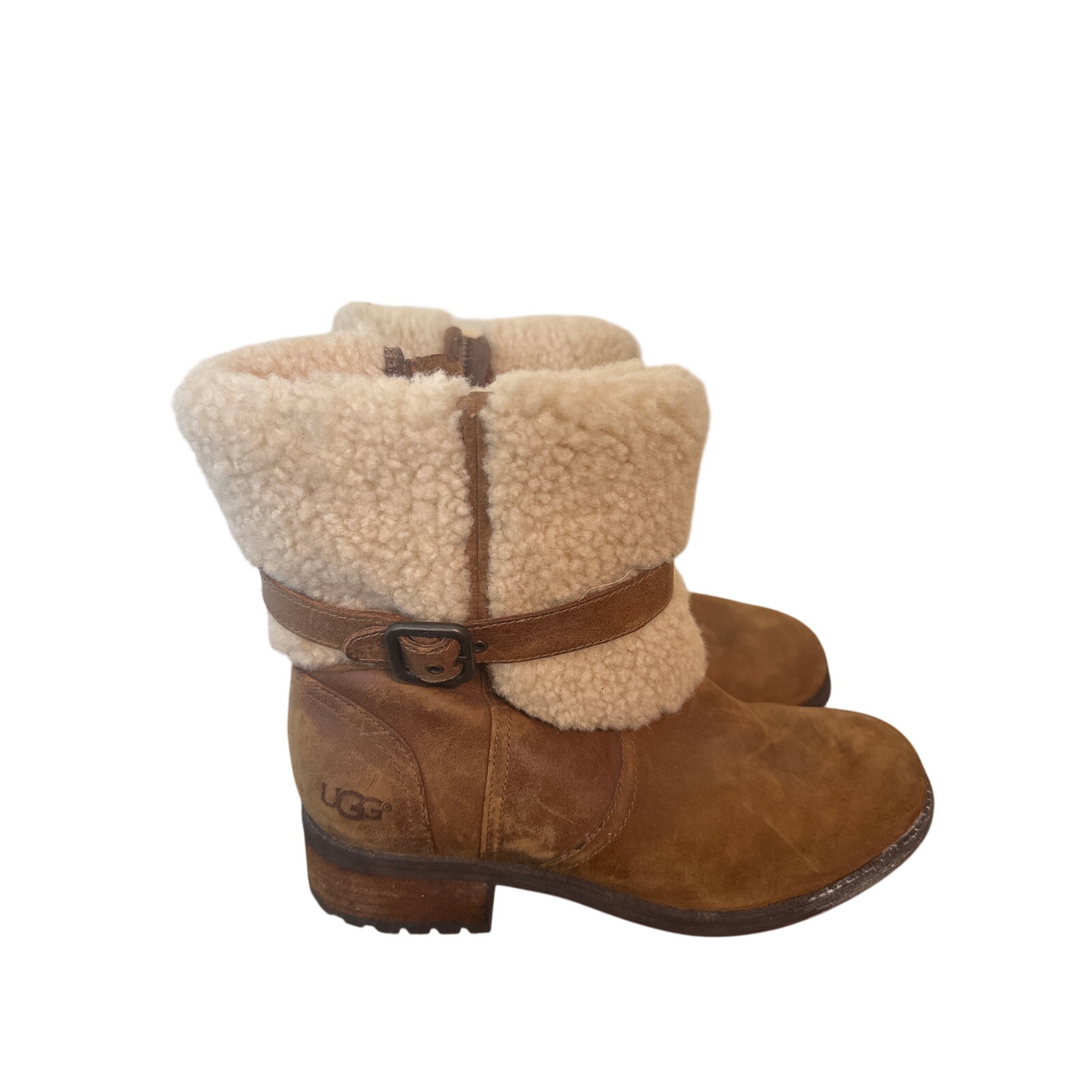 Ugg Womens Blayre Boot Size 8 Chestnut Suede Block Moto Sherpa Heel Lug Bootie N